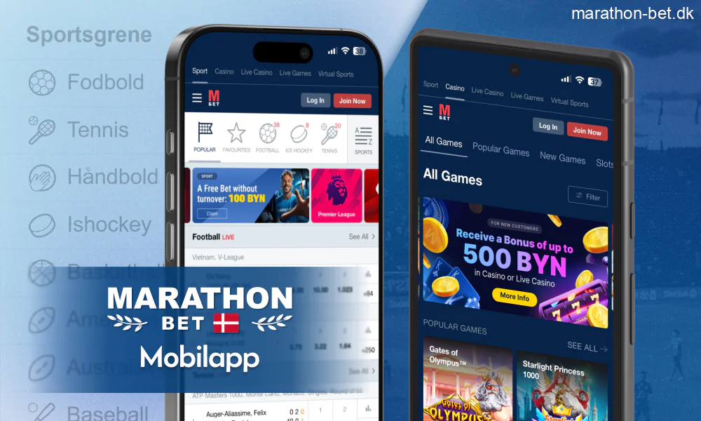 Interfaz de la app Marathonbet en iOS y Android